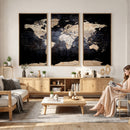 Grunge World Map Wall Art | 3-Panel Large Beige and Brown