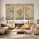 World Map Wall Art Canvas Print, Rustic Map Print, Framed