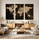 Brown World Map Canvas Print – Modern Travel Map Wall Art,