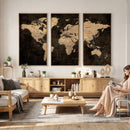 Brown World Map Canvas Print – Modern Travel Map Wall Art,