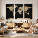 Beige World Map Canvas Wall Art Print, Minimal Black and