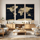 Dark World Map Canvas Wall Art Print, Minimal Black and Gold