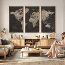 World Map Canvas Wall Art Dark Charcoal Antique Tan Detailed
