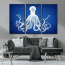 Large 3-Panel Blue Octopus Canvas Wall Art | Coastal Marine by MyGreatCanvas | Canvas Wall Art Prints | Photo Prints & Wall Decor