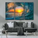Ocean Wave Sunset Wall Art | Large Coastal Wave Canvas Print