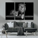 Large Black and White Lion Couple Wall Art Canvas Print –