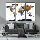 Modern Abstract World Map Canvas Wall Art – Framed Blue and