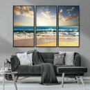 Golden Sunset Beach Triptych Canvas Wall Art for Living Room