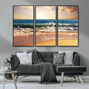 Sunset Beach Wall Art - 3-Panel Framed Canvas Print, Ready