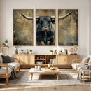 Texas Longhorn Bull Wall Art – Framed Rustic Cow Canvas