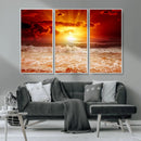 Red Sunset Ocean Beach Canvas Wall Art Beach Canvas, Coastal