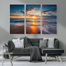 Sunset on the Ocean Beach with Waves, Reflections on Sand,