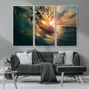 Ocean Wave Sunset Canvas Wall Art – Triptych Seascape Print