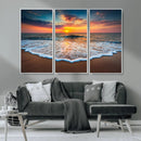 Sunset Beach Canvas Wall Art – Colorful Ocean Waves Triptych