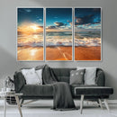 Golden Sunset Beach Triptych Canvas Art, Giclee Coastal Wall