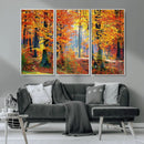 Autumn Red Forest Triptych Canvas Wall Art Print, Forest