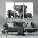 Black White Elephant Family Wall Art Canvas Print
