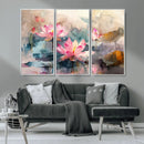 Lotus Flower Wall Art | 3-Panel Giclee Canvas Print of Pink