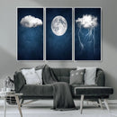 Dark Blue Cloud Art, 3 Piece Indigo Blue Wall Art, Aesthetic