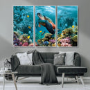 Sea Turtle and Coral Reef Triptych Wall Art – Vibrant