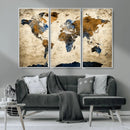 World Map Wall Art – Antique Style Blue and Brown Map Canvas