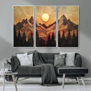 Wood Style Abstract Mountain Sunset Canvas Wall Art Print -