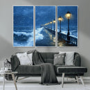 Stormy Ocean Pier Lights Canvas Wall Art Print - Large Moody