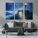 Storm Ocean Pier Canvas Wall Art Print - Large Moody Night