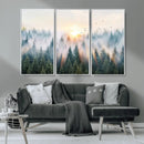 Misty Pine Forest Wall Art Canvas, Sunrise Over Foggy Trees