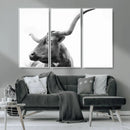 Longhorn Wall Art Canvas Print – Framed Monochrome Ranch Cow