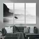 Surfer Beach Wall Art – Framed Black White Ocean Canvas