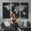 Black World Map Wall Art Canvas Print – Detailed Map of the