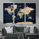 Minimalist World Map Canvas Wall Art - Watercolor Blue and