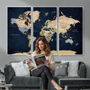 Minimalist World Map Canvas Wall Art - Watercolor Blue and