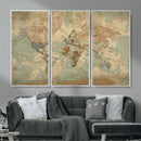 World Map Wall Art Canvas Print, Rustic Map Print, Framed