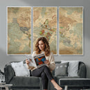 World Map Wall Art Canvas Print, Rustic Map Print, Framed
