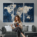 Large Blue World Map Wall Art Canvas Print for Home Office