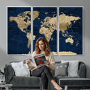 Navy Blue World Map Canvas Print – Detailed Map Minimal Navy