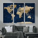 Navy Blue World Map Canvas Print – Detailed Map Minimal Navy