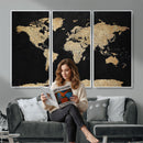 Beige World Map Canvas Wall Art Print, Minimal Black and