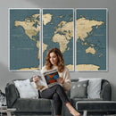 Minimal Vintage World Map Canvas Wall Art Print, Neutral