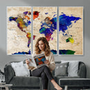 Colorful World Map Canvas Wall Art – Abstract Watercolor Map