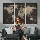 Custom World Map with Pins Canvas Wall Art Dark Charcoal