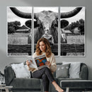Black White Texas Longhorn Bull Canvas Wall Art, Western Ranch Cattle Photography Print, Rustic Farmhouse Cowboy Decor Artwork by MyGreatCanvas | Canvas Wall Art Prints | Photo Prints & Wall Decor