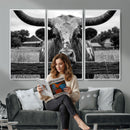 Black White Texas Longhorn Bull Canvas Wall Art, Western Ranch Cattle Photography Print, Rustic Farmhouse Cowboy Decor Artwork