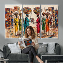 African Folk Art Canvas Wall Art, Colorful African Women Village Painting Print, Tribal Ethnic Home Decor, Vibrant African Art, Living Room