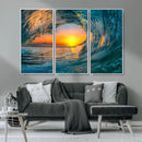 Ocean Wave Sunset Wall Art | Large Coastal Wave Canvas Print