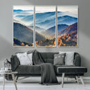 Misty Mountain Sunrise Triptych Canvas Print – Autumn