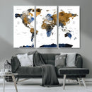 Modern Abstract World Map Canvas Wall Art – Framed Blue and