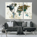 Vintage World Map Wall Art Canvas Print, Framed Rustic Earth